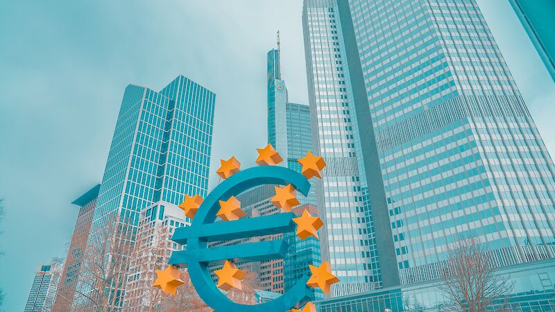 Euro-Zeichen vor Hochhäusern in Frankfurt am Main