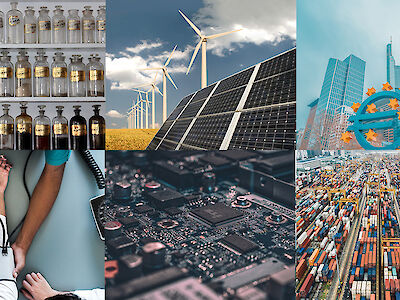 Collage mit sechs Bildern, die unterschiedliche Wirtschaftszweige repräsentieren