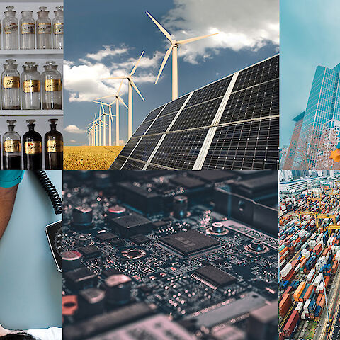 Collage with six images representing different sectors of the economy