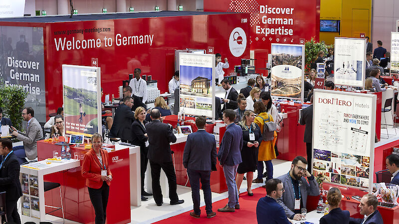 Exhibitors and booth visitors at IMEX 2019