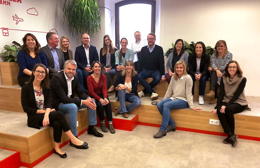 The representatives of the FMS research partners together with GCB team members during their research trip to Barcelona, here sitting in a room on two different levels. | © GCB