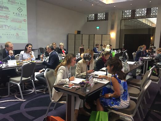 Several persons in one-to-one conversations during the B2B-Workshop in UK: