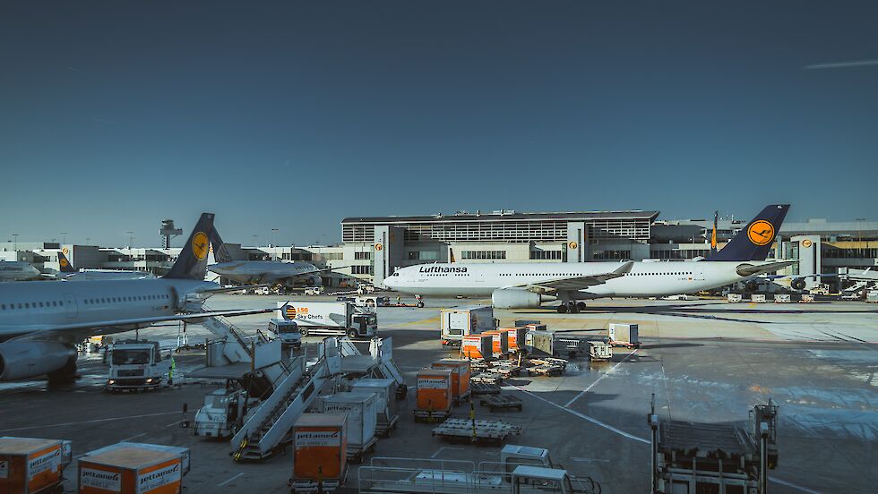 Frankfurt Airport with several Lufthansa aircraft