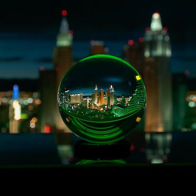 City by night through a crytal ball