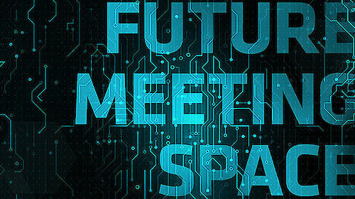 Key Visual von Future Meeting Space mit petrolfarbener Schrift auf schwarzem Hintergrund