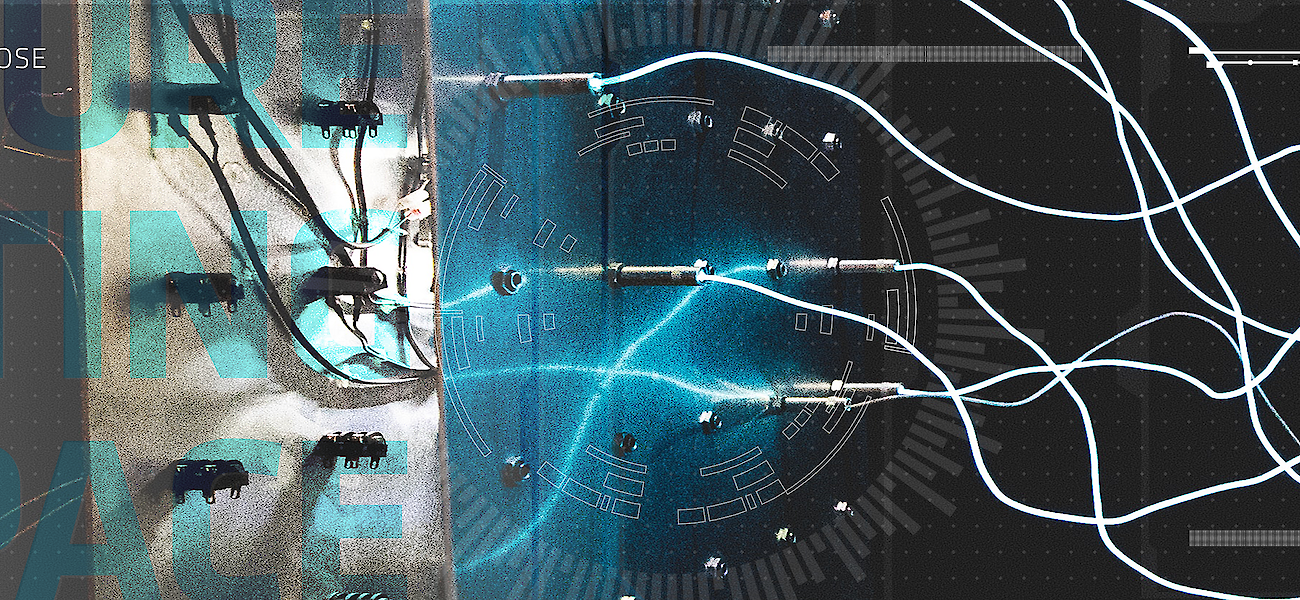 Future Meeting Space-Visual in blau und grau mit mehreren Kabelverbindungen in der Wand.