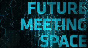 Visual mit Schriftzug "Future Meeting Space" in petrolfarbener Schrift auf schwarzem Hintergrund