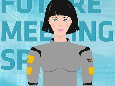 Graphic: An avatar stands in front of the lettering "Future Meeting Space" in the background.