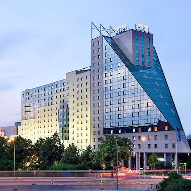View of the Hotel Estrel Berlin in the early evening