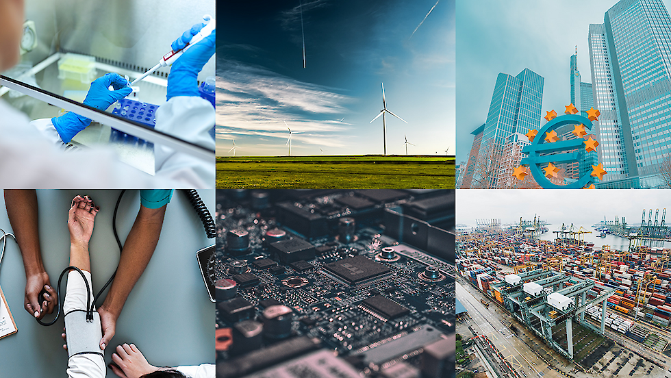 Bildcollage mit sechs Motiven, die das Know-how der deutschen Industrie visualisiert - einschließlich des Finanz-, Medizin- und Energiesektors