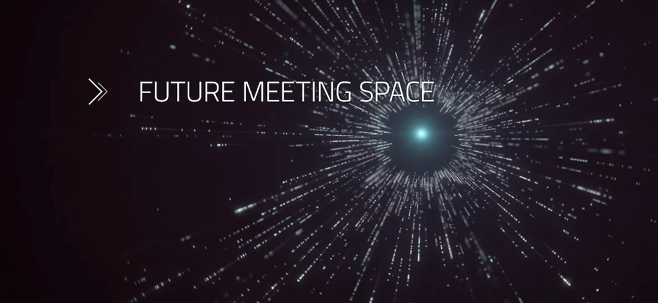 Future Meeting Space-Visual in in weiß mit schwarzen Hintergrund und Reise durch die Zeit