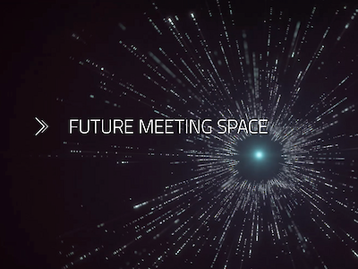 Future Meeting Space visual in white with black background in a "universe"