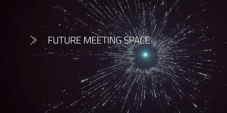 Future Meeting Space-Visual in in weiß mit schwarzen Hintergrund und Reise durch die Zeit